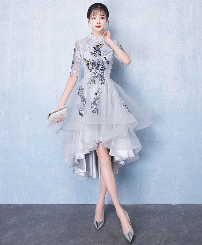 Cute Gray Tulle Lace Applique High Low Prom Dress, Gray Homecoming Dress