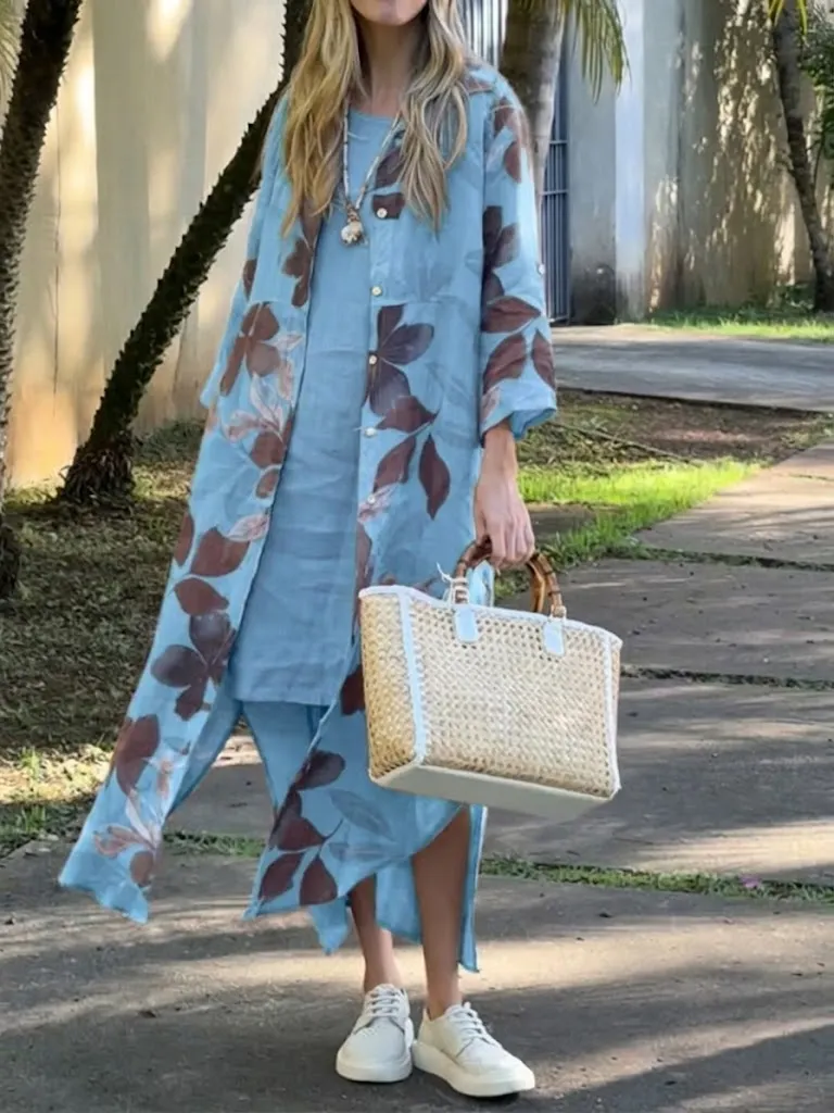Casual Loose-fit Floral Print Linen & Cotton Two-piece Set: Cardigan And Sleeveless Dress