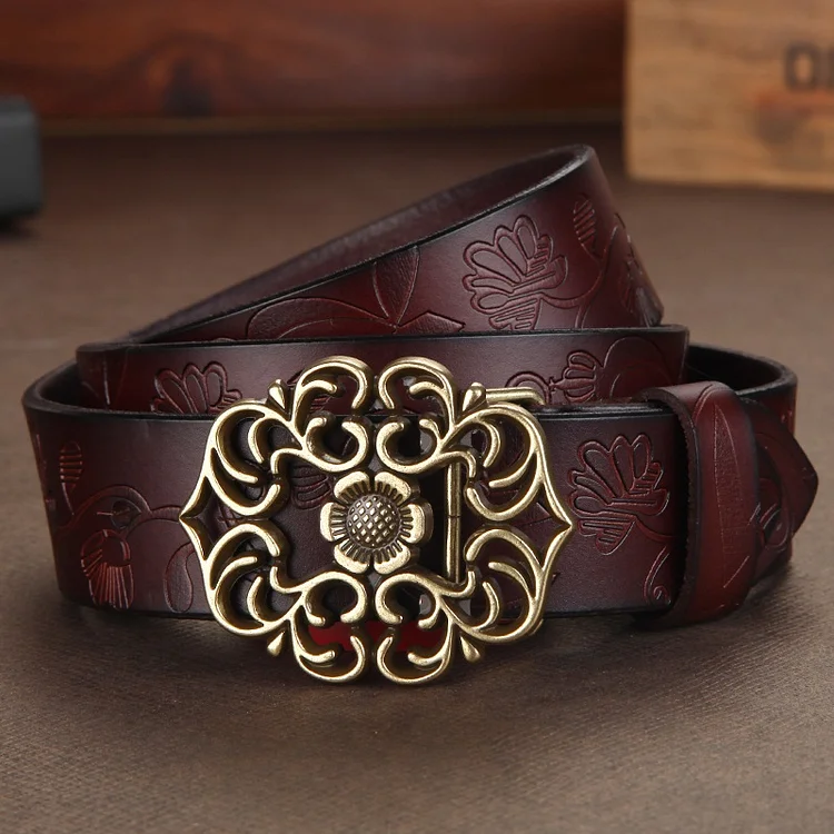 Flower Hollow Buckle Leather Belt Vintage Cowhide Solid Color Carved Elegant Wide Belt