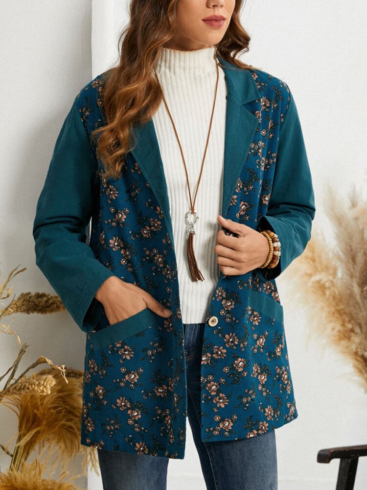 Floral Print Pocket Button Long Sleeve Lapel Jacket