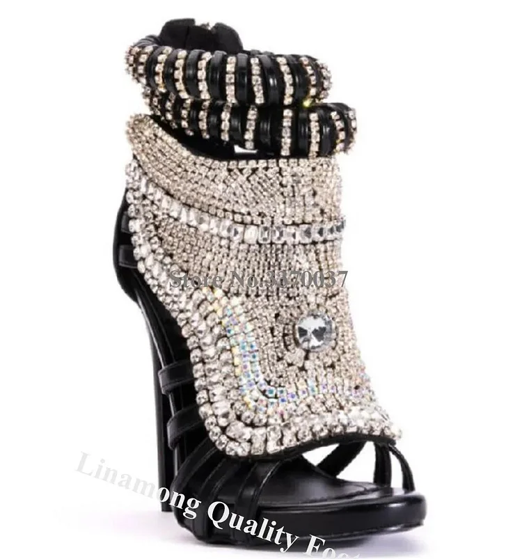 Bling Bling Rhinestones Cut-out Short Boots Open Toe Black Nude Diamonds Stiletto Heel Sandals Wedding Heels