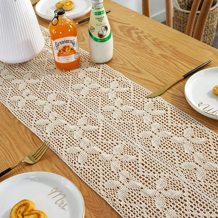 Widened Spliced Rural Crochet Knitted Hollowed Out Dining Table Fabric Lace Tassel Table Flag 