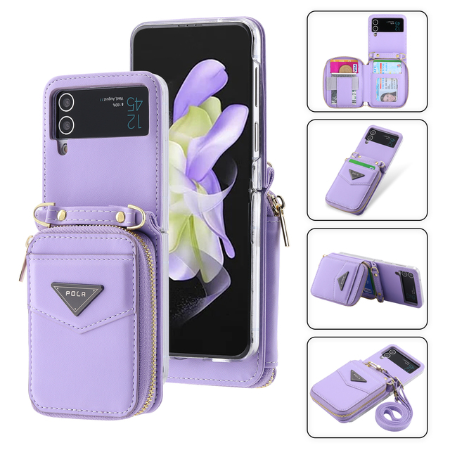 Crossbody Leather Wallet Phone Case With 5 Cards Slot,Zipper Slot,Kickstand And Detachable Lanyard For Galaxy Z Flip3/Z Flip4/Z Flip5