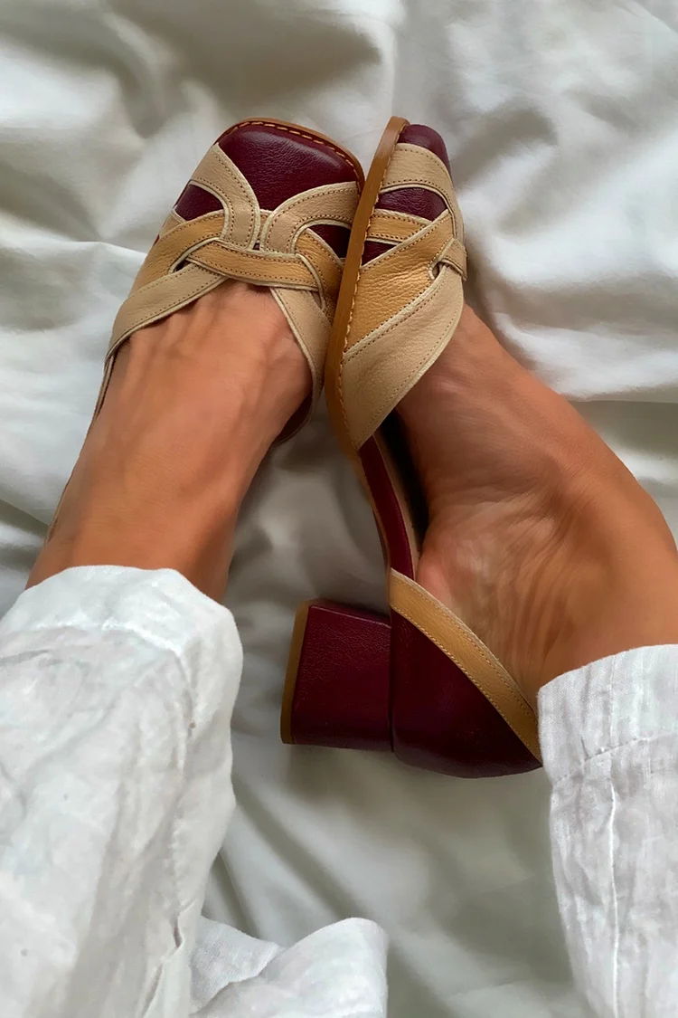 Woven Colorblock Square Toe Slip On Elegant Chunky Heels
