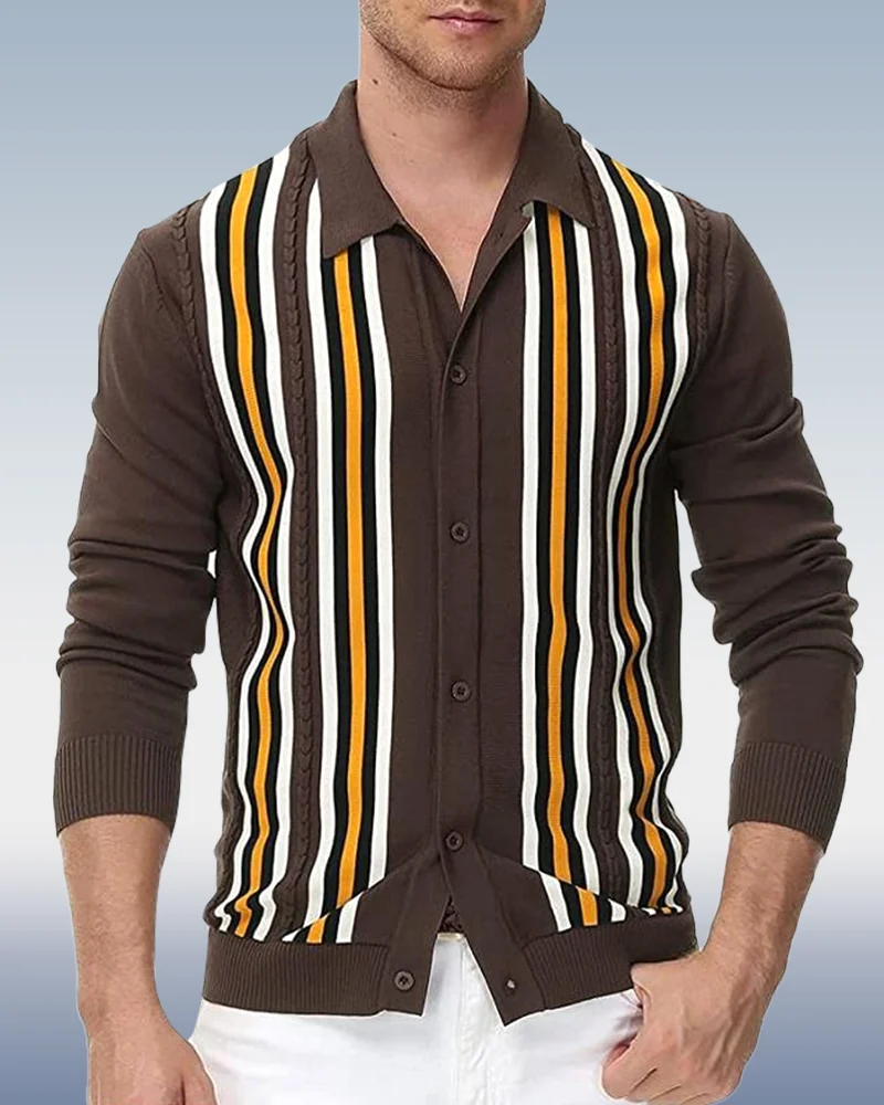 Men's lapel long sleeve striped knitted sweater