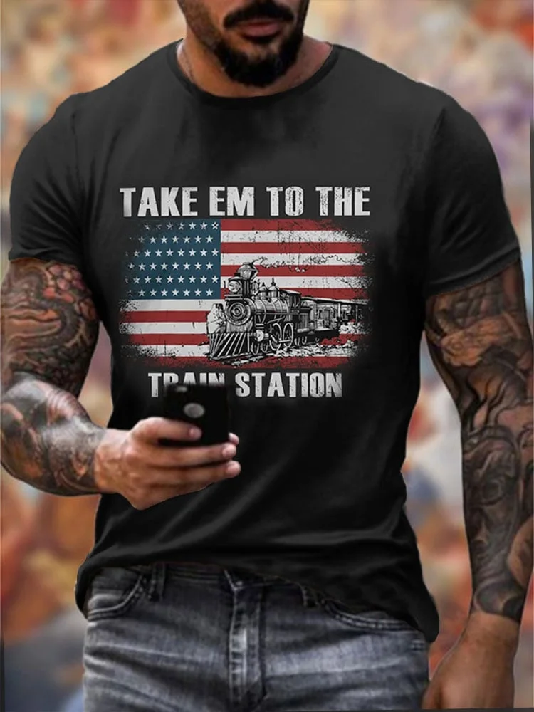 Men's Take Em To The Train Station American Flag Print T-Shirt