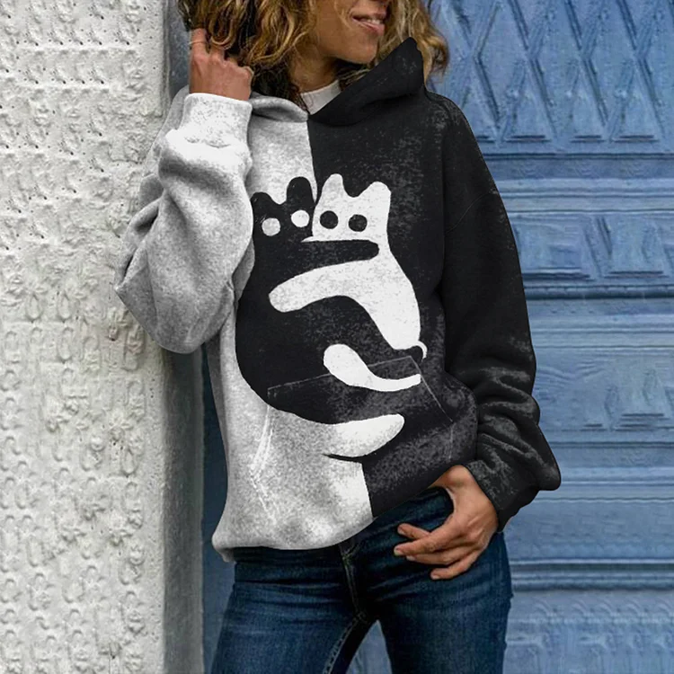 Vefave Casual Colorblock Cat Print Hoodie
