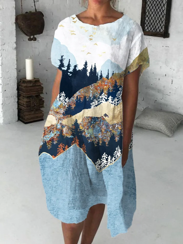 Vefave Elegant Landscape Inspired Art Midi Dress