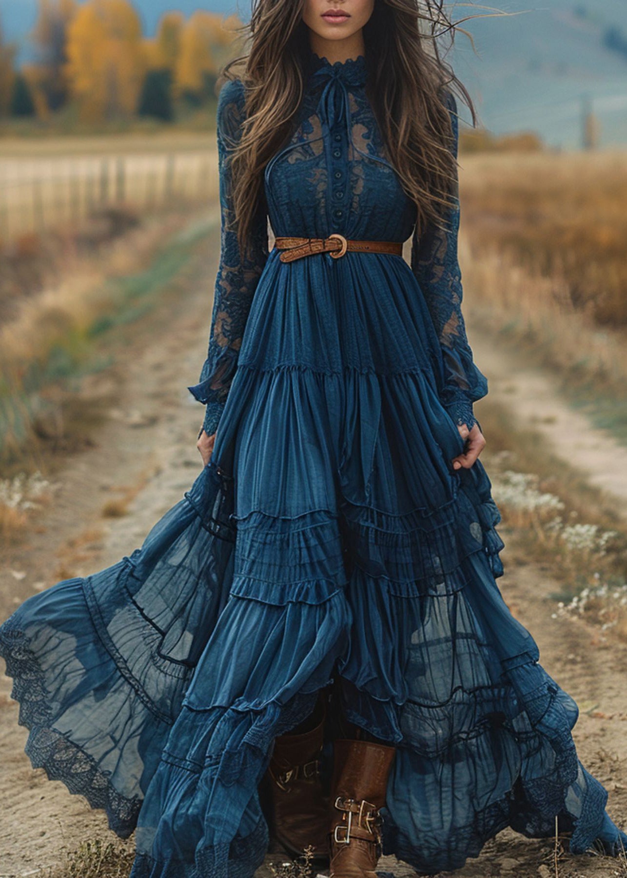 Vintage Blue Print Wrinkled Patchwork Robe Dresses Summer