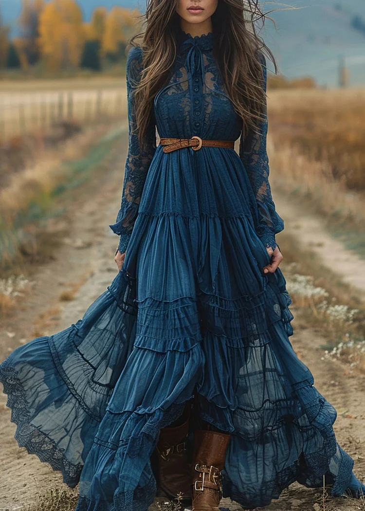 Women Blue Lace Ruffled Patchwork Cotton Robe Dresses Spring
