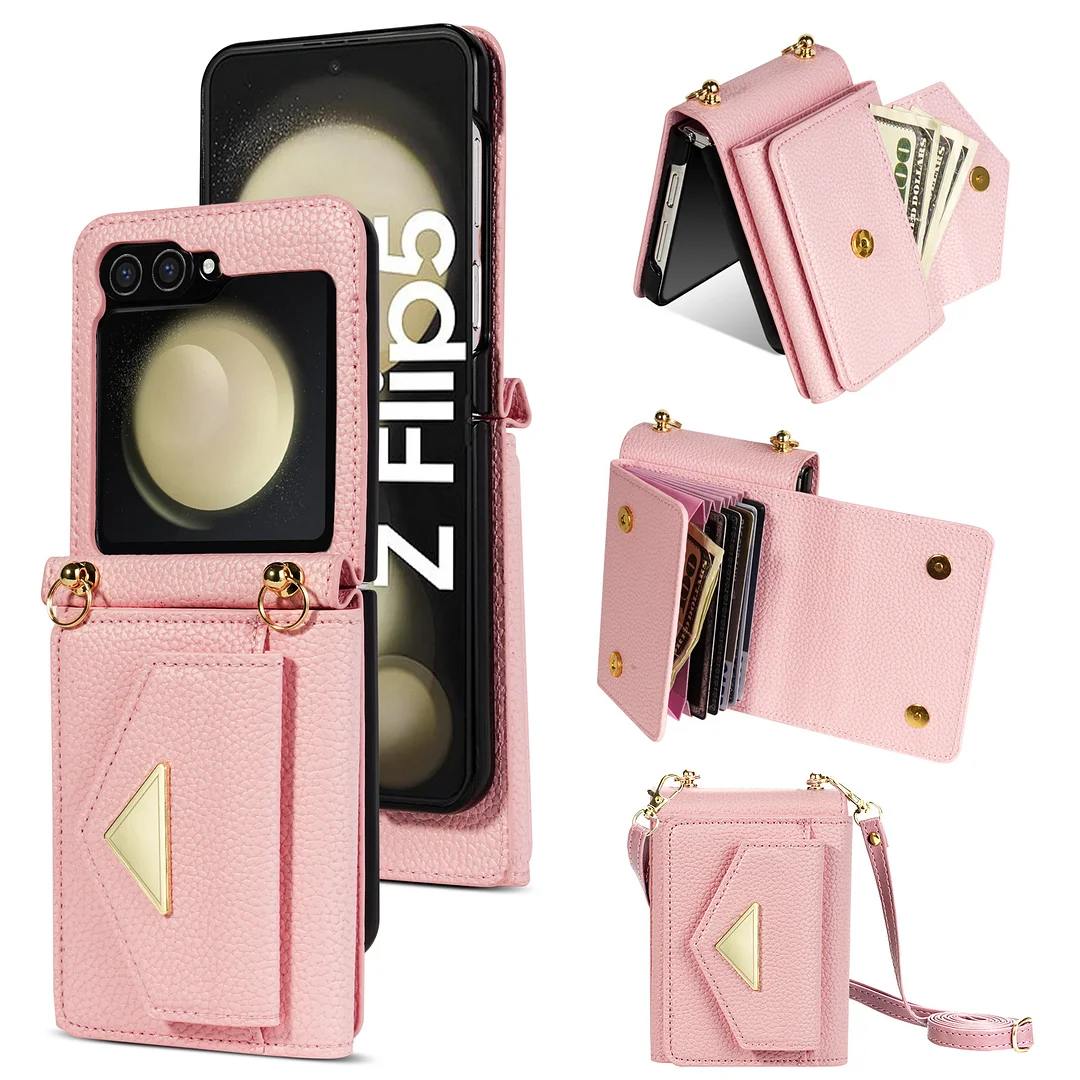Crossbody Leather Phone Case With 6 Cards Slot,Detachable Lanyard And Hinge For Galaxy Z Flip3/Z Flip4/Z Flip5