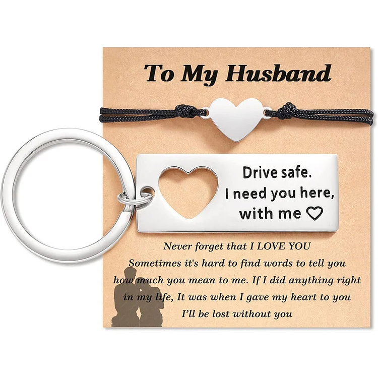 To My Husband Matching Keychain Bracelet Set Heart Keychain Adjustable Bracelet Gifts for Couple - Drive Safe I Need You Here With Me