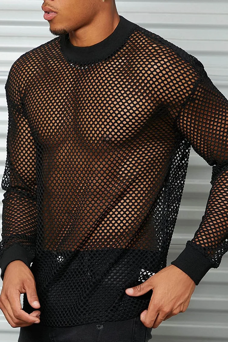 Gothic Black Party Mesh Long Sleeve See-Through Hollow Out Blouse
