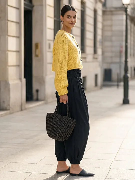 Women's Casual Yellow Long-sleeved Knit Cardigan Paired With Black Woven Trousers MD