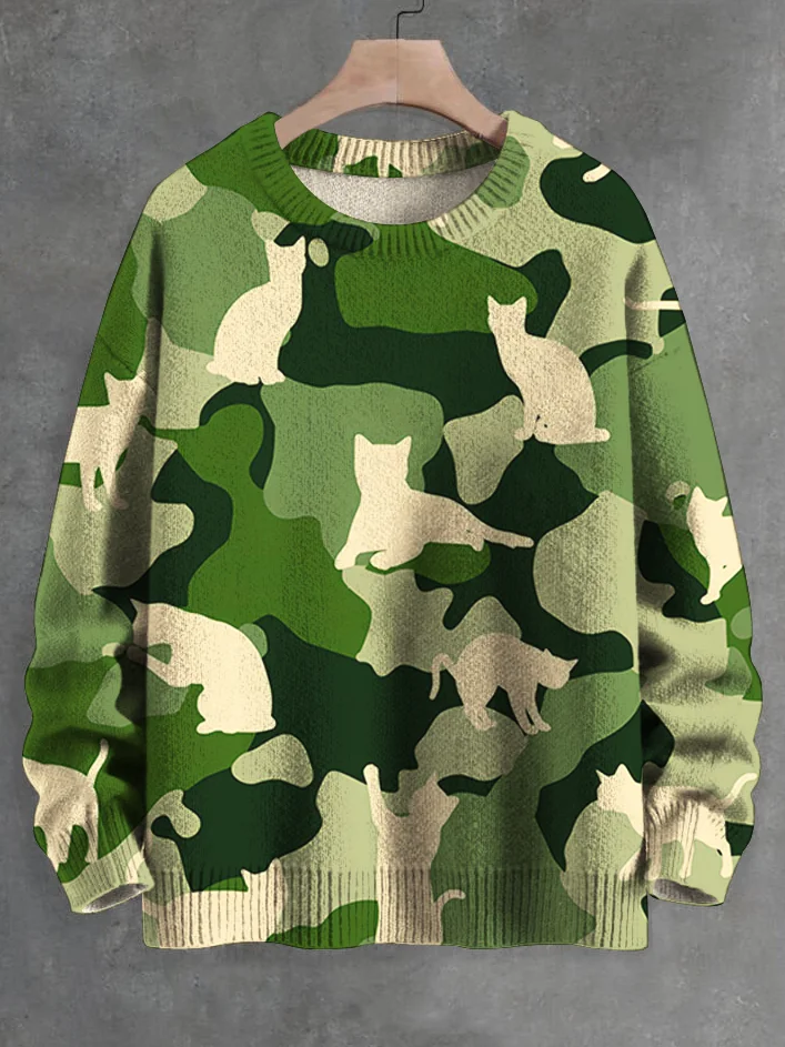 Men's Cats Camouflage Print Knit Sweatshirt
