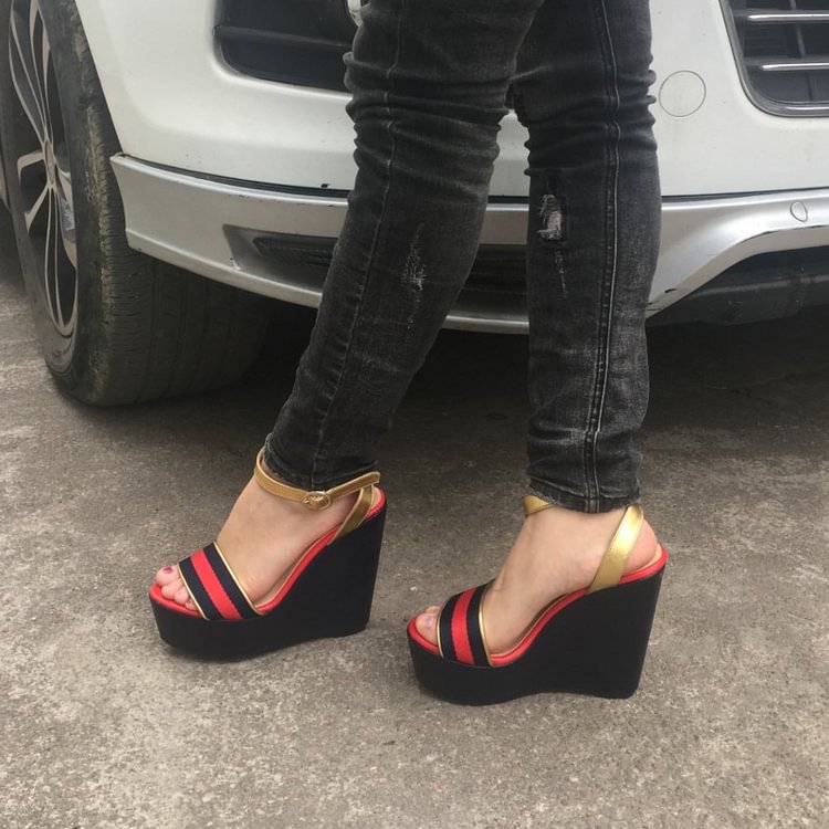 Red and Black Wedge Sandals Elastic Strap Platform Shoes |FSJ Shoes
