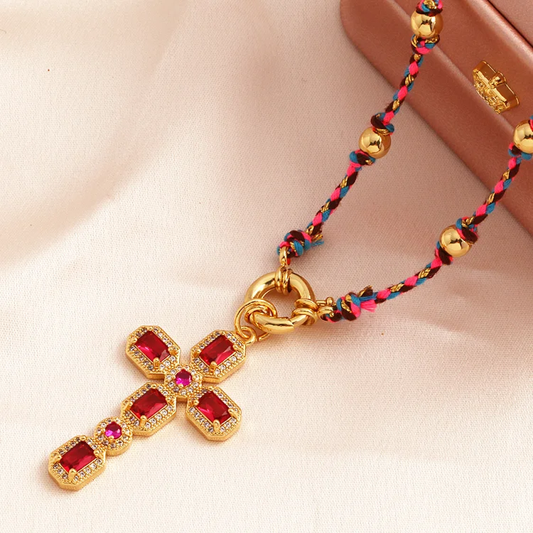 Religious Jesus Black Cross Holy Long Knot Beaded Necklace,Boho Nature Cotton Cord Sweater Prayer Church Autumn Winter  Jewelry