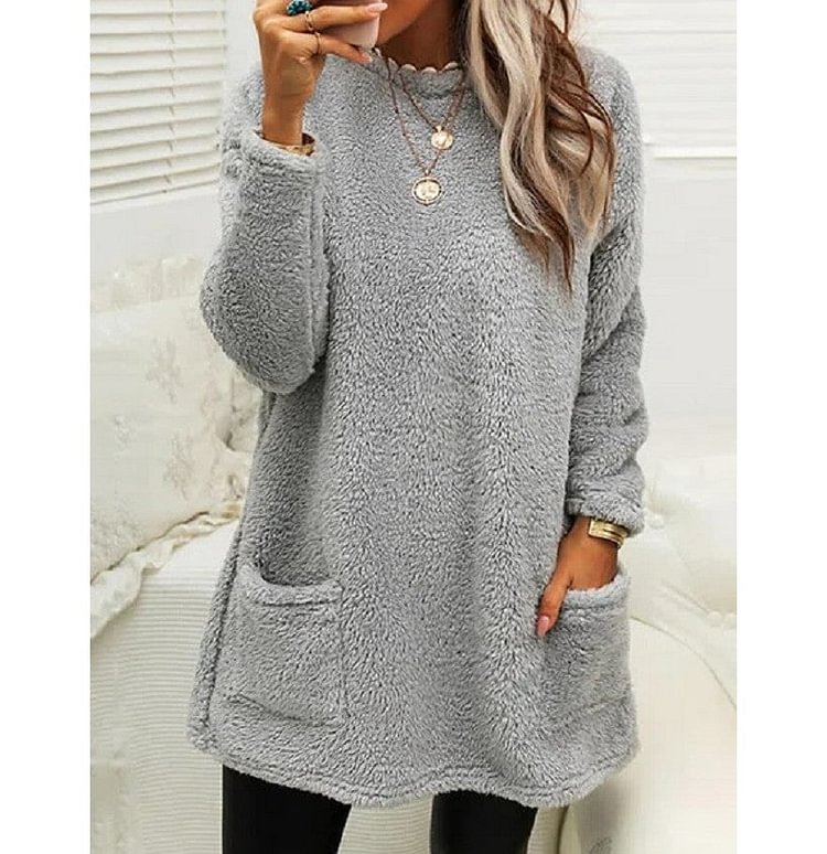 Pocket Crew Neck Casual Warm Long Sleeve T-Shirt Dress socialshop