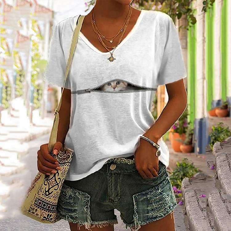 Comstylish Zip Cat Print V-Neck Short Sleeve T-Shirt