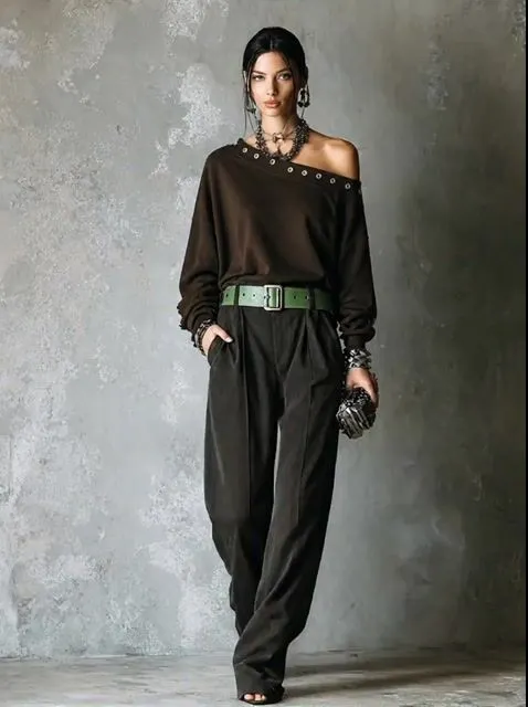 Women's Casual Dark Brown Sweatshirt Elastic Waist Pants Set(Belt Not Included) MD