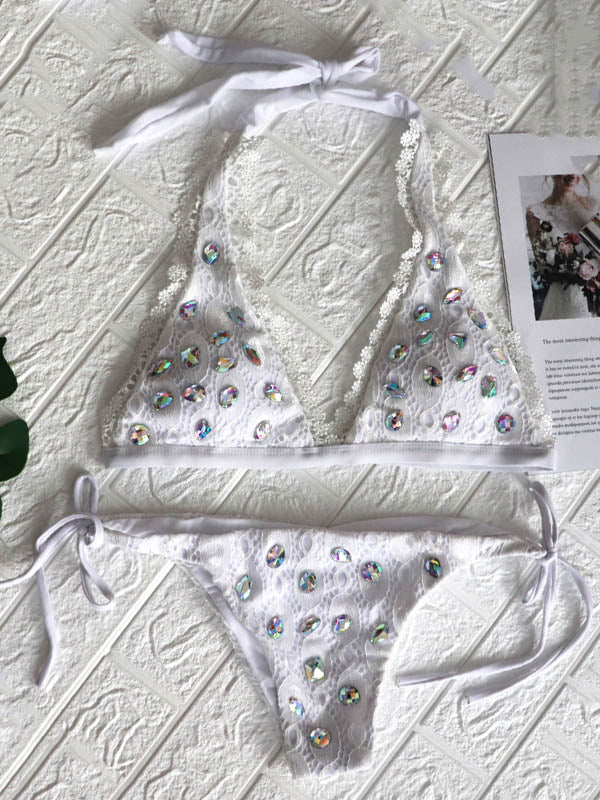 Beaded Decorated Lace Bandage Triangles Tie Side Bikini Swimwear