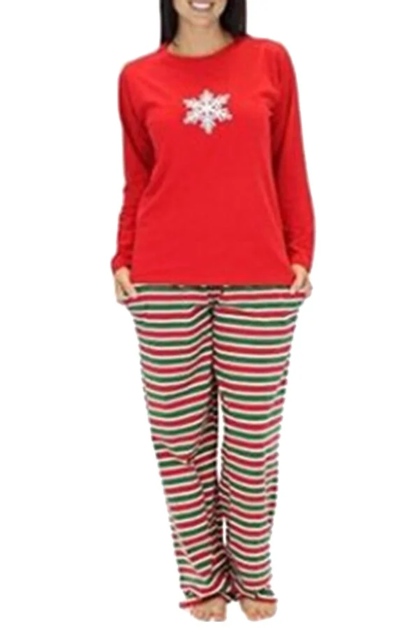 Womens Long Sleeve Stripe Snowflake Printed Christmas Pajama Set Red-elleschic