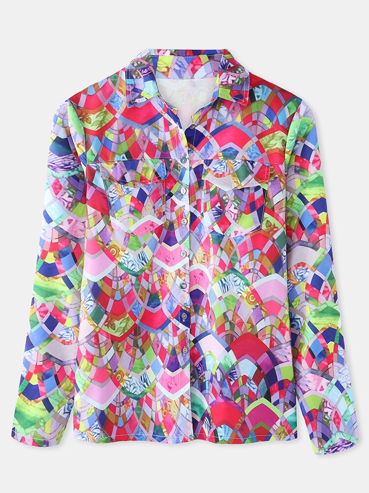 Women Print Patchwork Button Long Sleeve Loose Casual Blouse P1791248