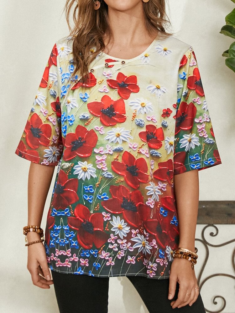 Floral Print O neck Button Half Sleeve T shirt For Women P1805967
