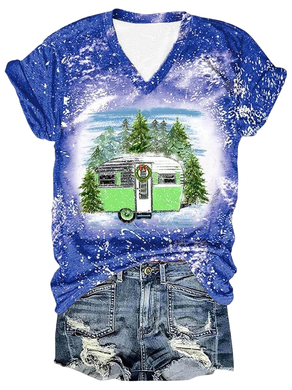 Vefave Christmas Themed Car Print Tie Dye V Neck T Shirt