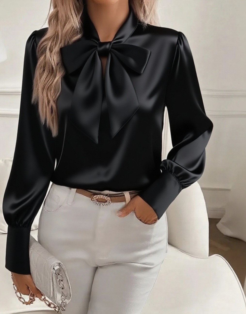 Autumn New Solid Color Sexy Hollow Bow Satin Shirt Women's Casual Comfortable Long Sleeved Top Blusas Elegante Feminina