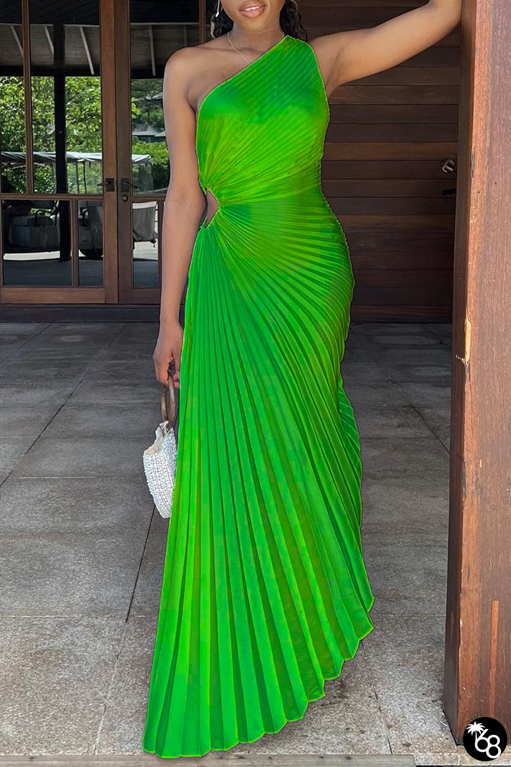 Green Elegant Solid Hollowed Out Fold Reflective Oblique Collar Irregular Dress Dresses | 168DEAL