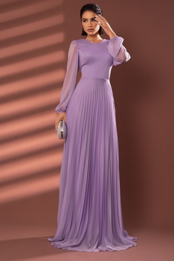 Lussooy Simple Chiffon Lilac Jewel Neck Long Sleeves Prom Dress with Pleated