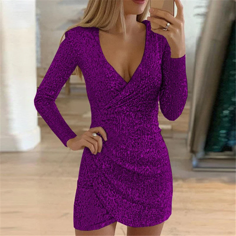 Sexy V-neck cropped skirt Sequin dress
