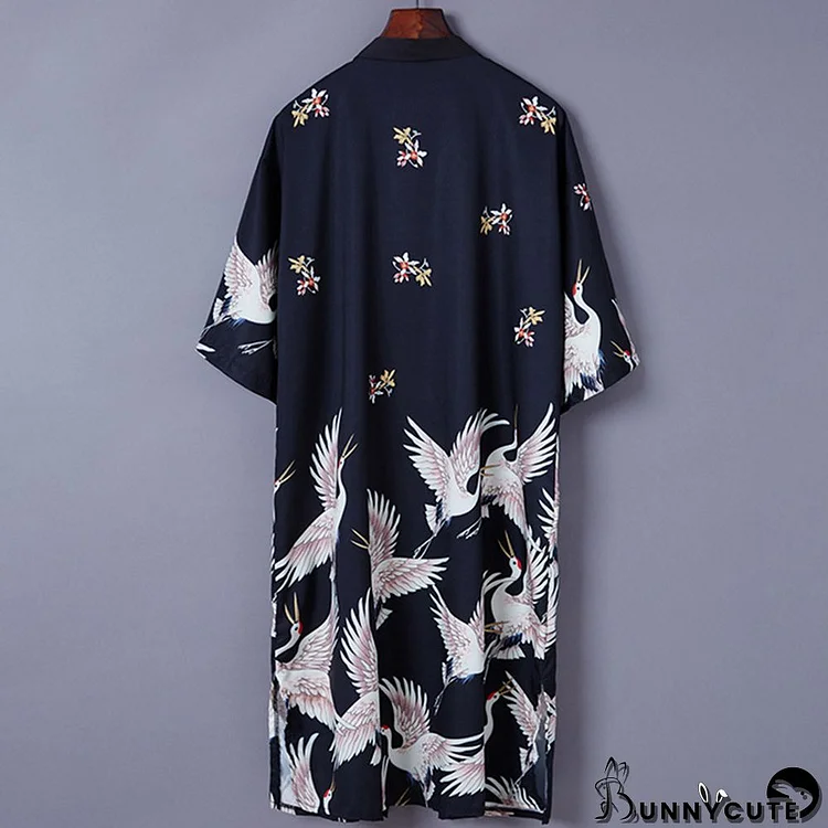 Vintage Crane Print Long Cardigan Kimono Outerwear