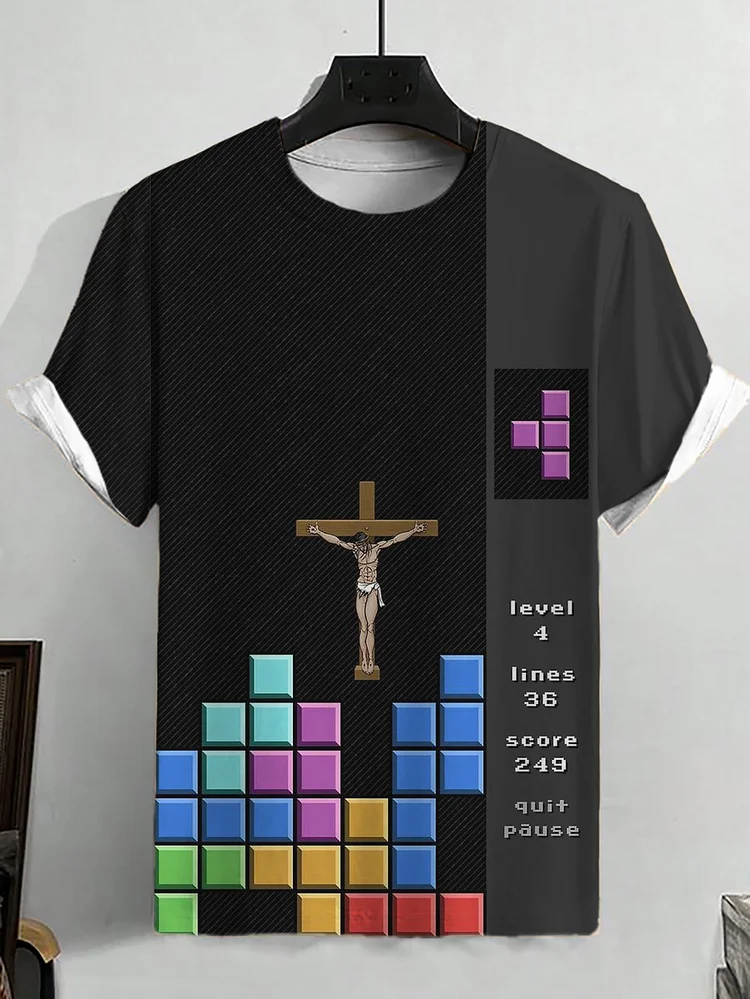 Men's Jesus On The Cross Tetris Game Printed Casual T-Shirt