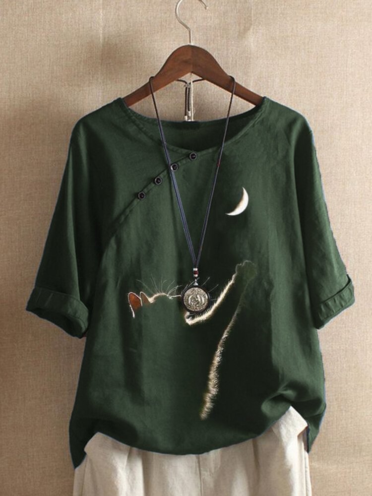 Cat Print Button Half Sleeve Blouse For Women P1719401