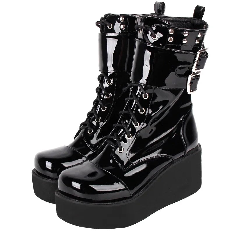 VCshoes Women Motorcycle Punk Cool Boots Lady Lolita Boots Woman High Heels Pumps Wedges Shoes Patent Leather Buckles 47