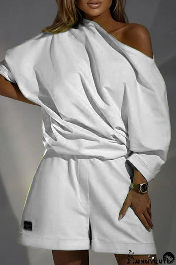 White Casual Solid Split Joint Asymmetrical Oblique Collar Long Sleeve Two Pieces
