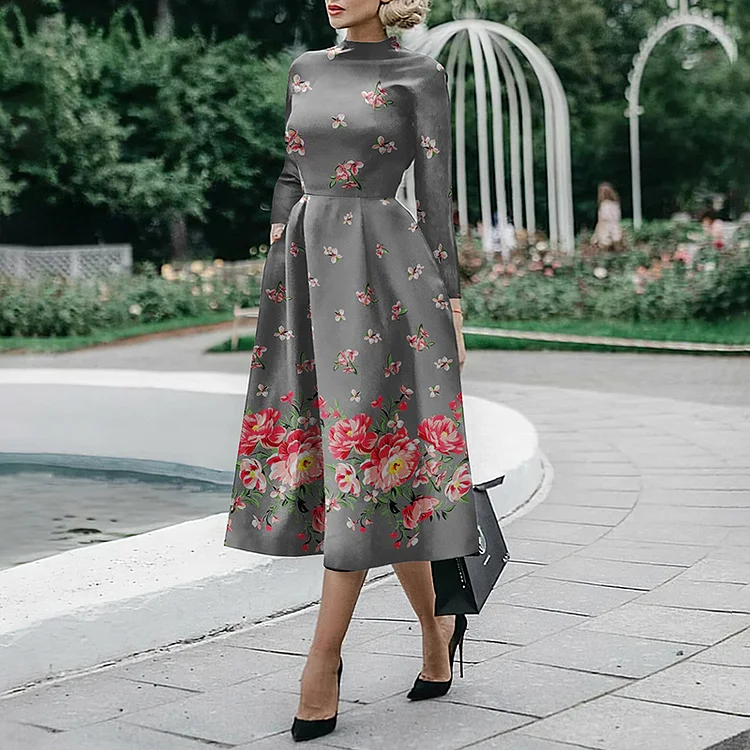 Vefave Elegant Simple Floral Print Midi Dress