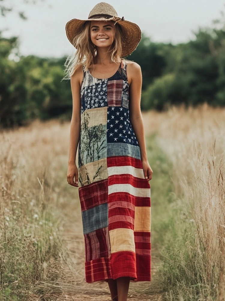 Retro American Flag Floral Art Printed Vintage Camisole Dress Long Sleeve Two-Piece Midi Dress