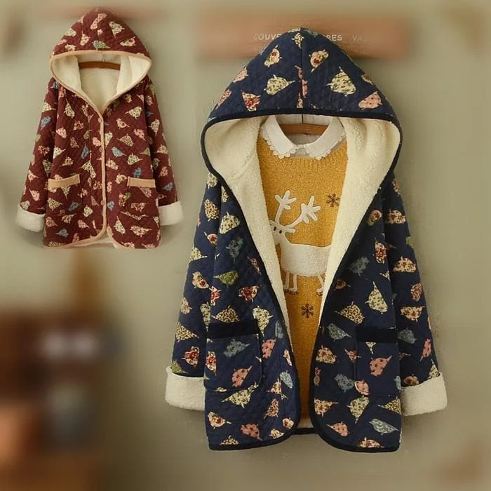 Wine/Navy Mori Girl Little Birds Fleece Hoodie Coat SP154078