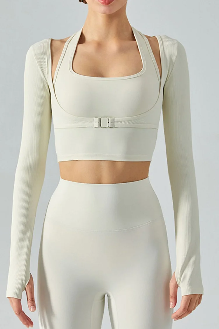Ribbed Faux Layered Halter Neck Cropped Sports Top