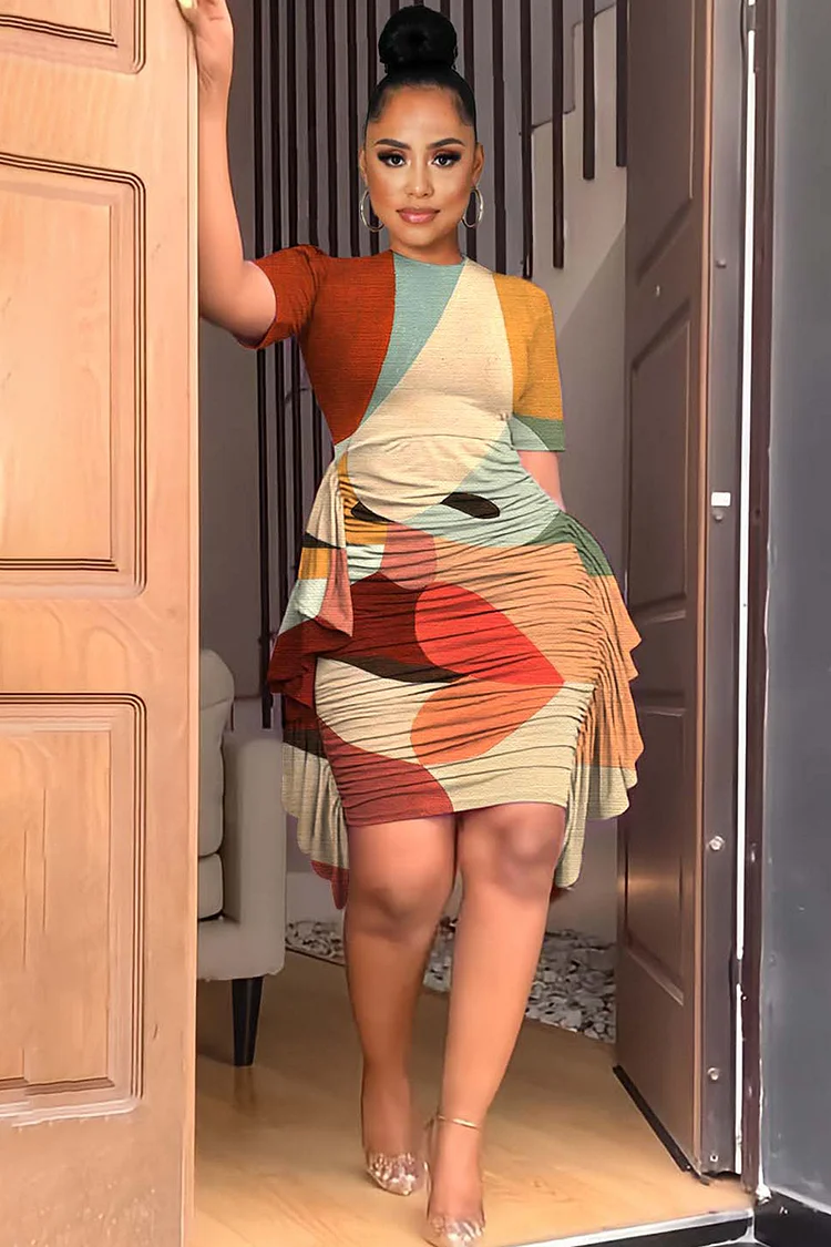 Short Sleeve Geometric Print Ruffle Ruched Bodycon Mini Dress