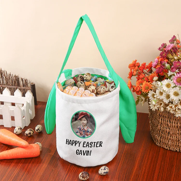 Personalized Photo Bunny Tote Bag Custom Name & Text Bucket Bag Bunny Basket Easter Gifts