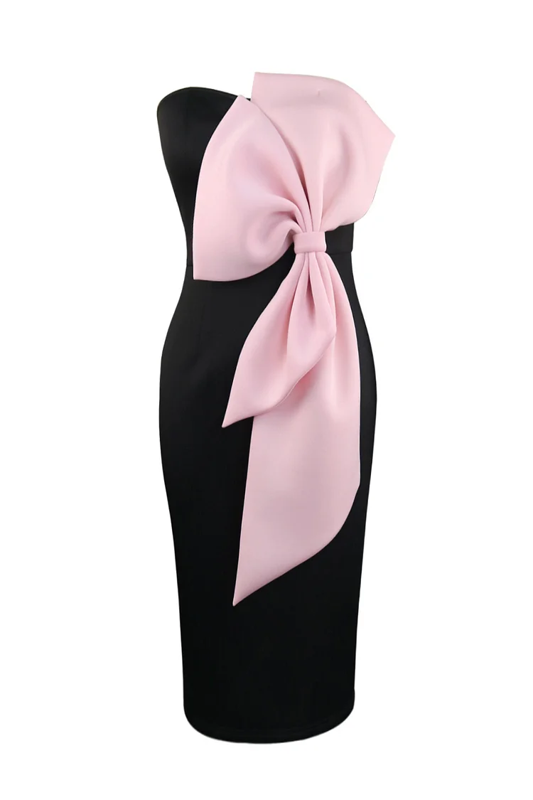 1950s Plus Size Pink Party Contrast Color Bow Strapless Pencil Midi Dress