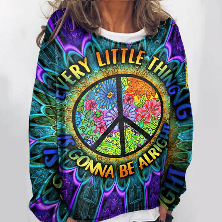 Vefave Hippie Peace Print Casual Crewneck Sweatshirt