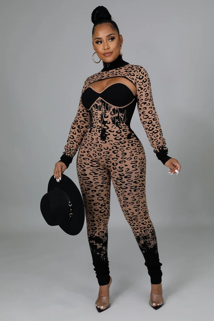 Long sleeves Leopard Print Jumpsuit Two piece Set