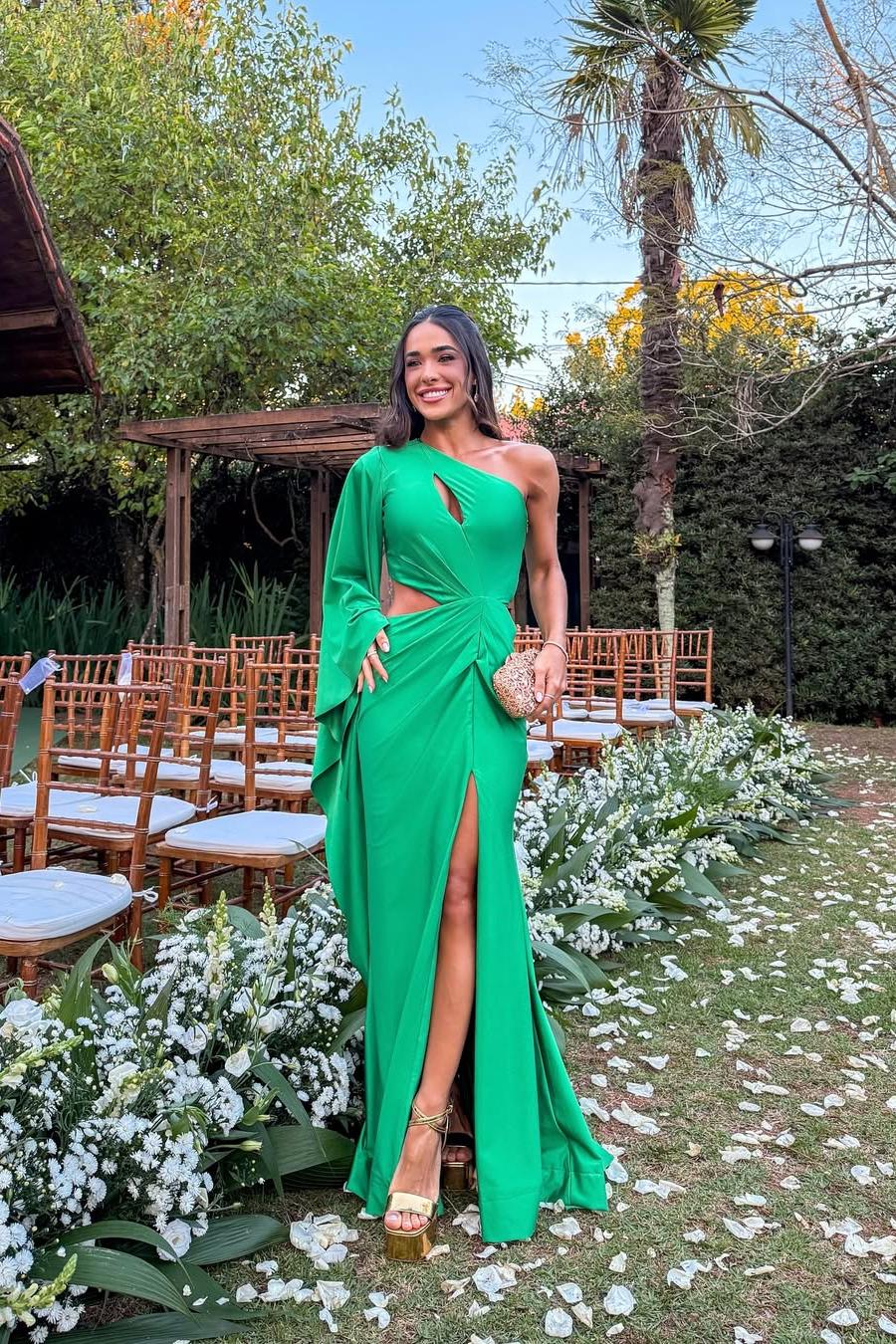 Lussooy Chic One Shoulder Green Satin Long Sleeves Pleated Prom Dress with Split