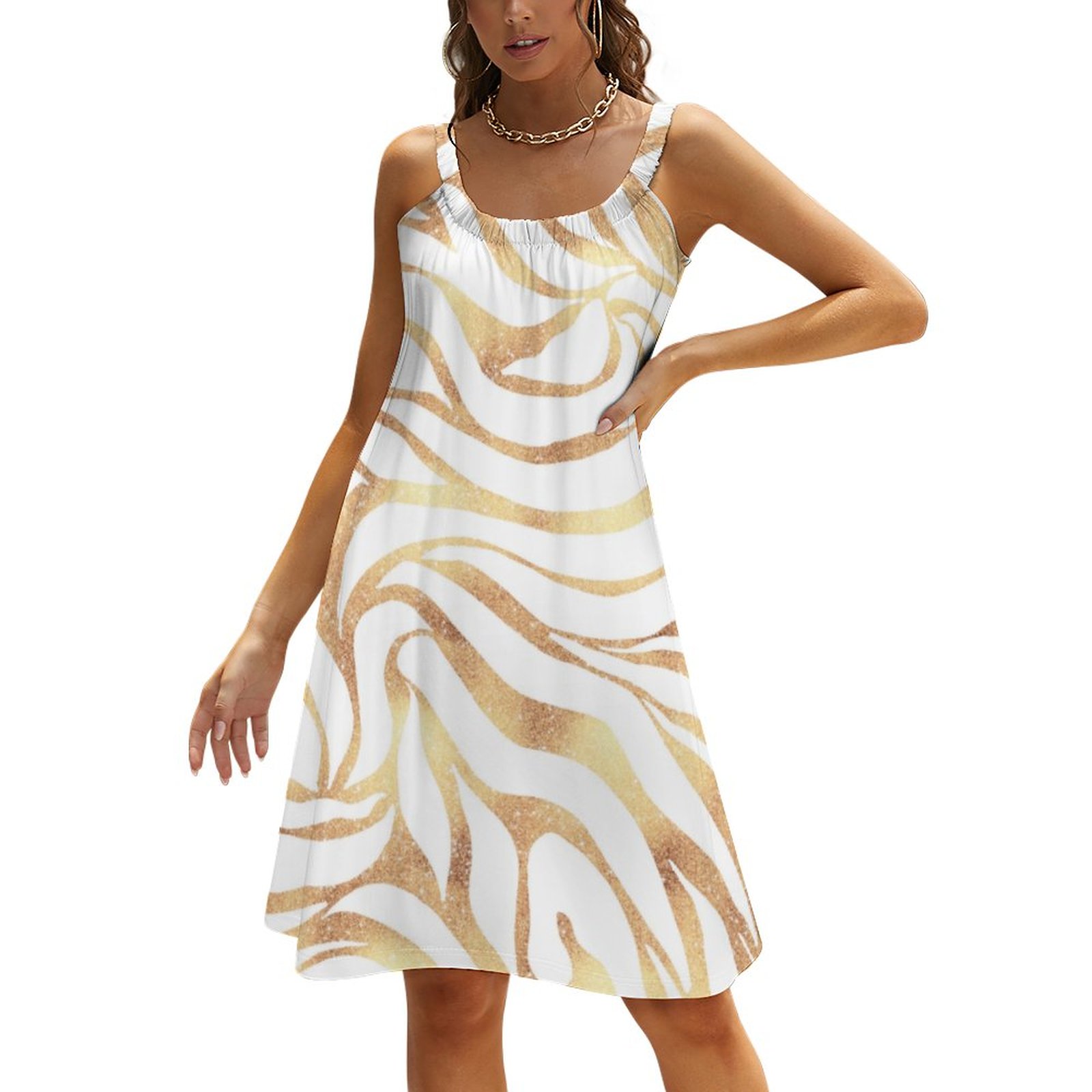 Elegant Gold Glitter Zebra White Animal Print Summer Hawaiian Beach Retro Dresses Casual Sling Sleeveless Printed Knee Length Dress White-4XL Elegant Gold Glitter Zebra White Animal Print Summer Hawaiian Beach Retro Dresses Casual Sling Sleeveless Printed Knee Length Dress White-4XL