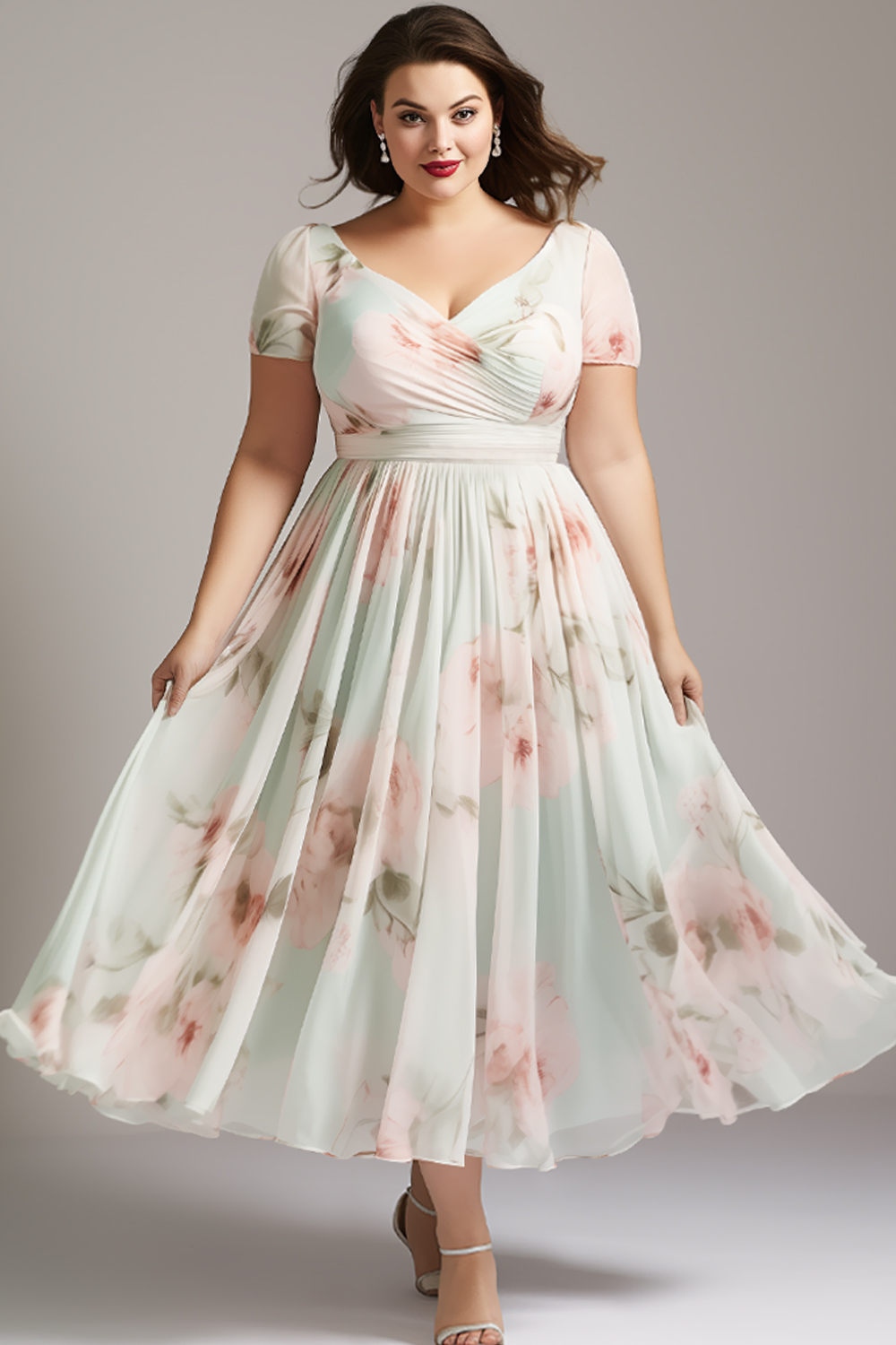 Flycurvy Plus Size Wedding Guest Light Green Chiffon Floral Print Tunic Tea-Length Dress